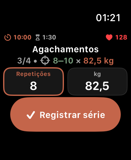 LiftPal no Apple Watch com agachamento, progresso da série, repetições, carga e botão para registrar série