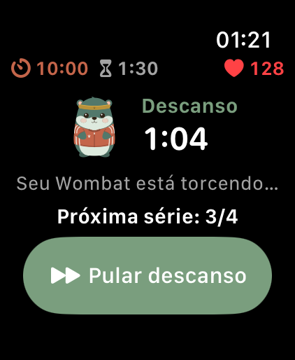 Timer de descanso do LiftPal no Apple Watch com a próxima série e um Wombat incentivando