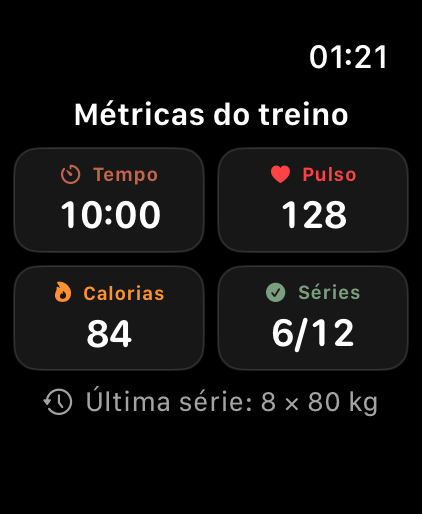 Métricas do treino no Apple Watch com tempo, frequência cardíaca, calorias ativas, séries e última série